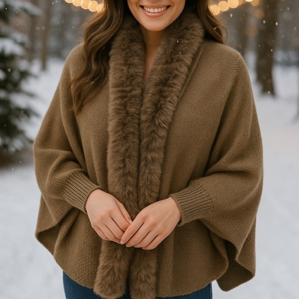COCO + CARMEN Brown Faux Fur Trim Knit Poncho Shawl Cozy Winter Women One Size